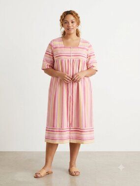 Casual Nights House Dress Pink Yellow Stripes Lounge Casual Midi Shift 3X